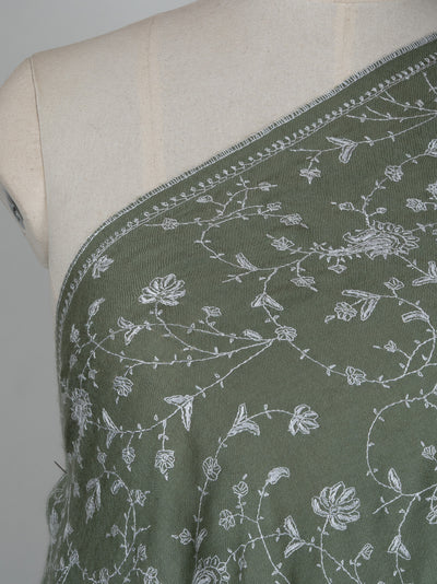 2.5 Yards Sozni Hand Embroidered Pashmina: Olive Meadow Floral Spread
