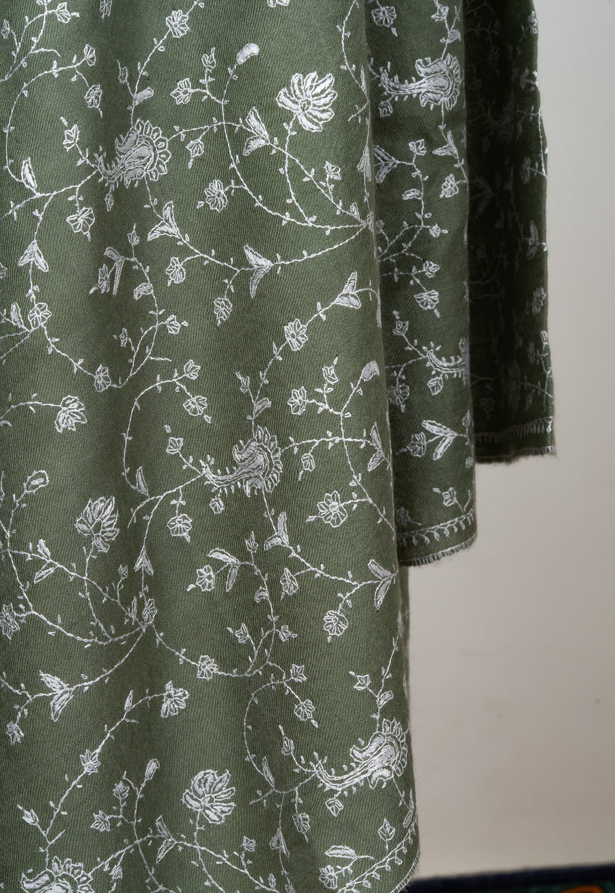 2.5 Yards Sozni Hand Embroidered Pashmina: Olive Meadow Floral Spread