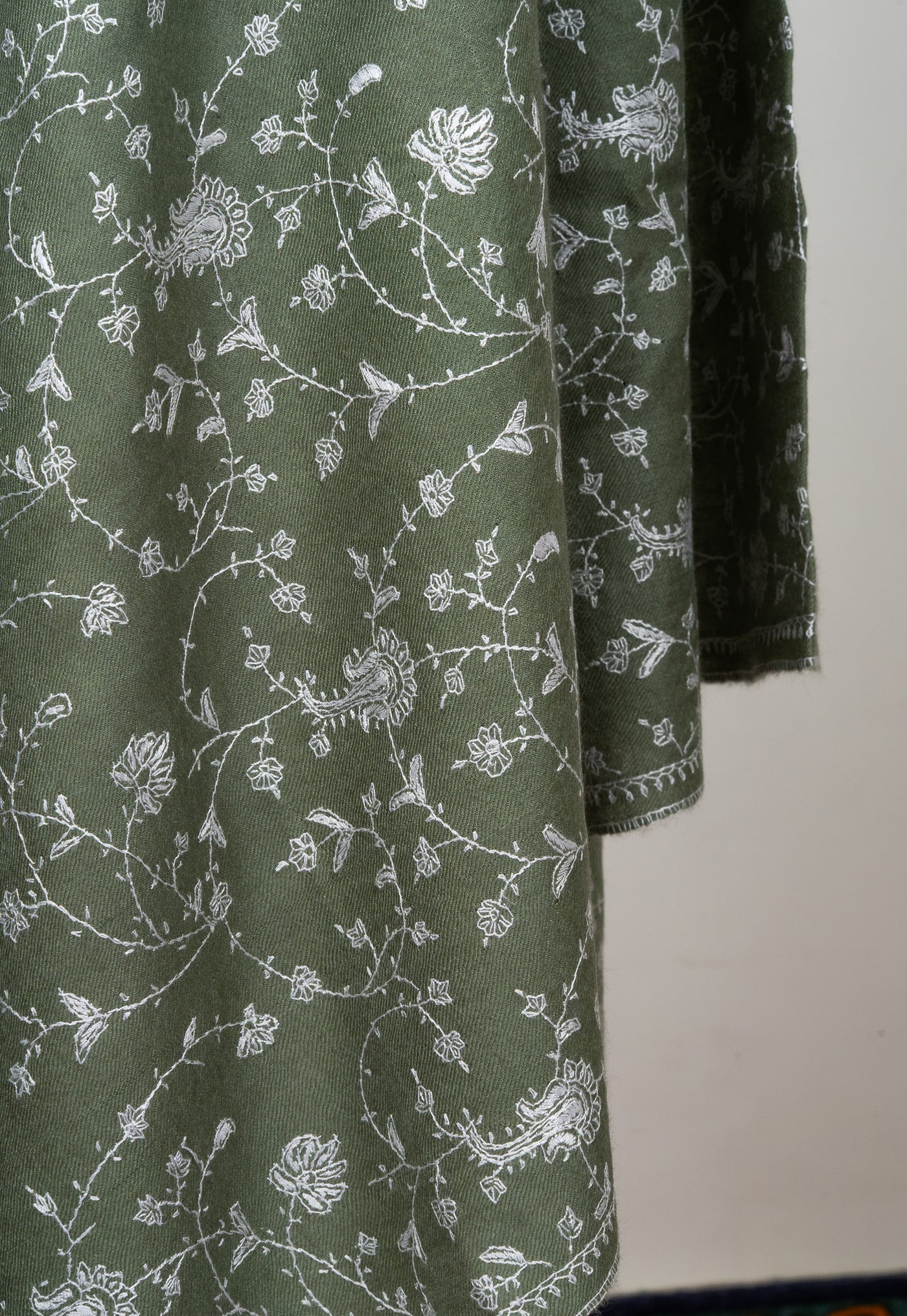 2.5 Yards Sozni Hand Embroidered Pashmina: Olive Meadow Floral Spread