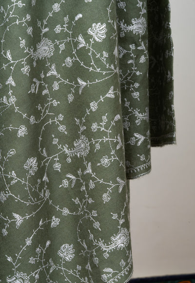 2.5 Yards Sozni Hand Embroidered Pashmina: Olive Meadow Floral Spread