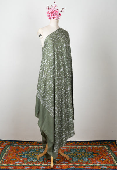 2.5 Yards Sozni Hand Embroidered Pashmina: Olive Meadow Floral Spread