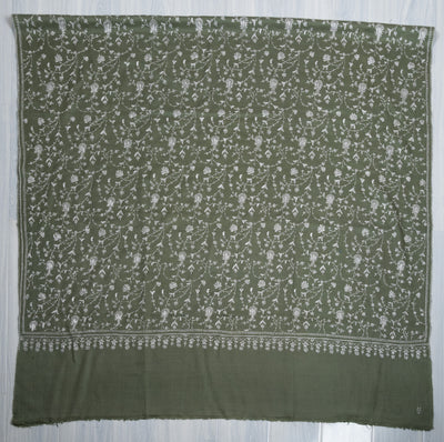 2.5 Yards Sozni Hand Embroidered Pashmina: Olive Meadow Floral Spread