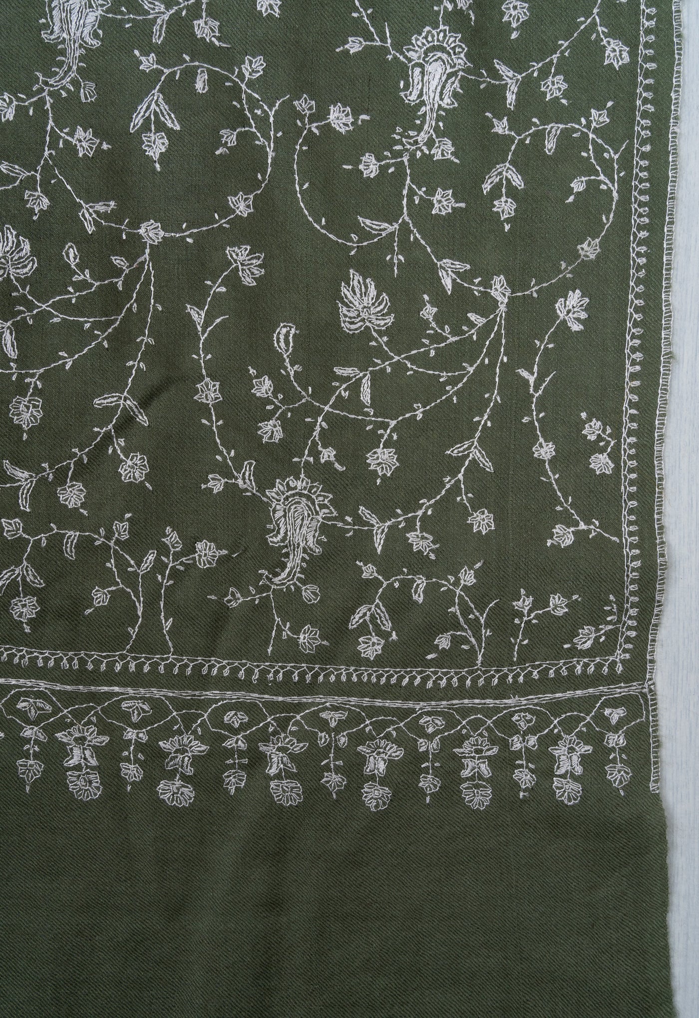 2.5 Yards Sozni Hand Embroidered Pashmina: Olive Meadow Floral Spread