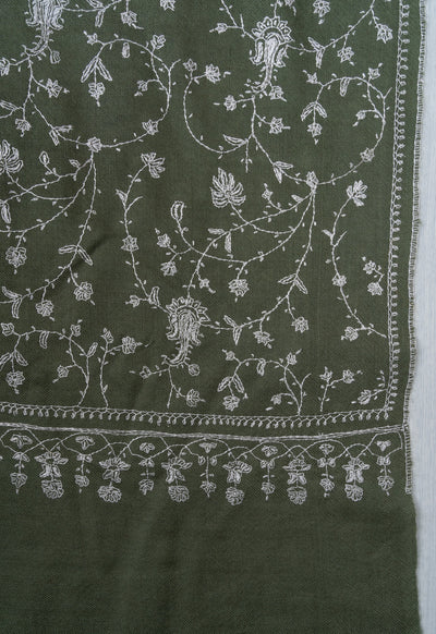 2.5 Yards Sozni Hand Embroidered Pashmina: Olive Meadow Floral Spread