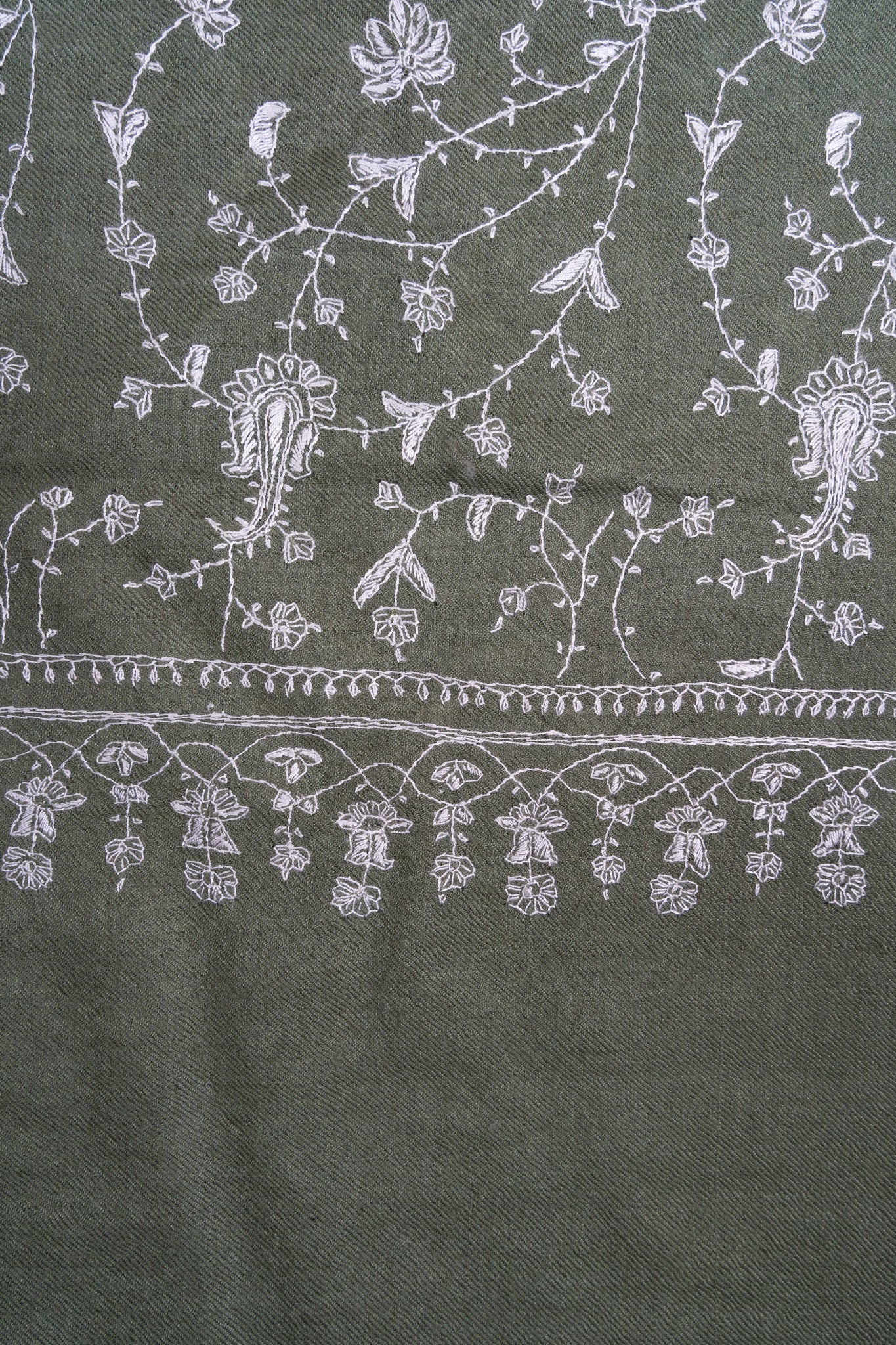 2.5 Yards Sozni Hand Embroidered Pashmina: Olive Meadow Floral Spread