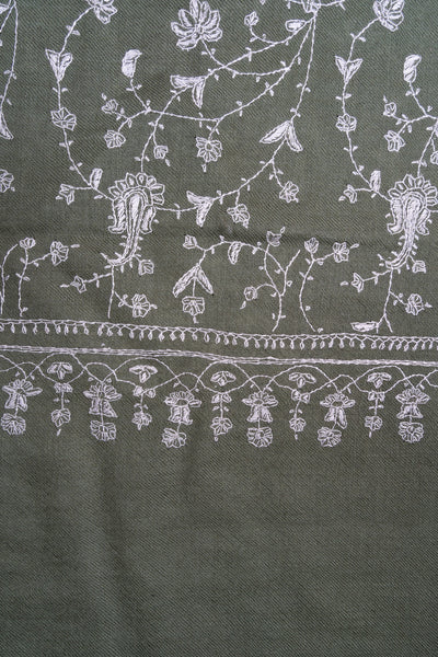 2.5 Yards Sozni Hand Embroidered Pashmina: Olive Meadow Floral Spread