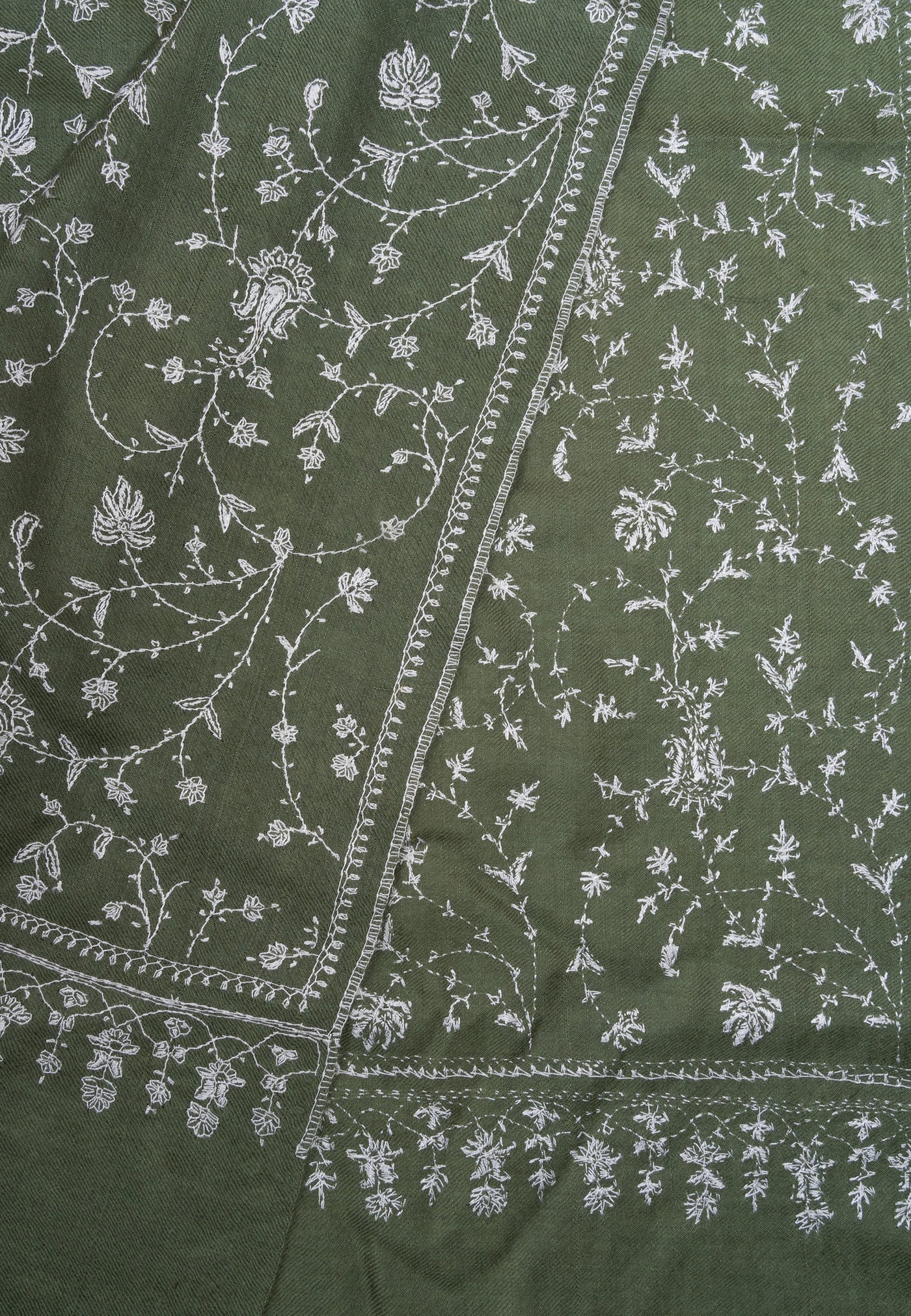 2.5 Yards Sozni Hand Embroidered Pashmina: Olive Meadow Floral Spread