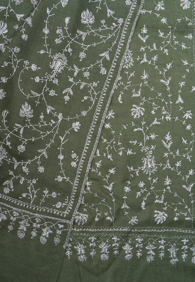 2.5 Yards Sozni Hand Embroidered Pashmina: Olive Meadow Floral Spread