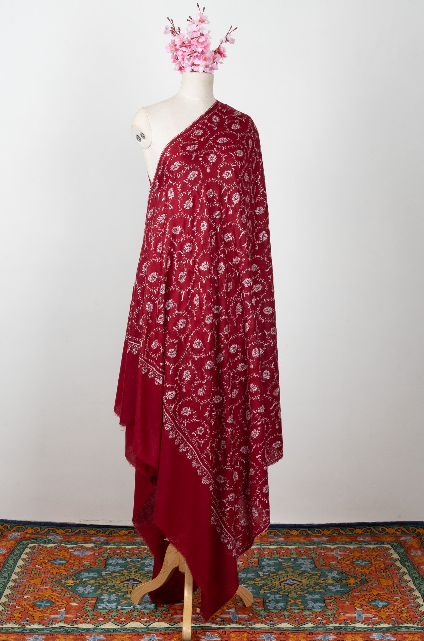 2.5 Yards Sozni Hand Embroidered Pashmina: Ruby Red Classic Floral Spiral