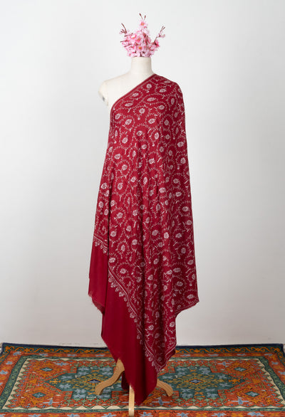 2.5 Yards Sozni Hand Embroidered Pashmina: Ruby Red Classic Floral Spiral