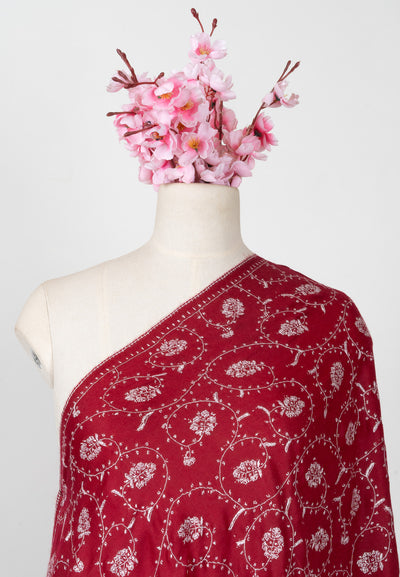 2.5 Yards Sozni Hand Embroidered Pashmina: Ruby Red Classic Floral Spiral
