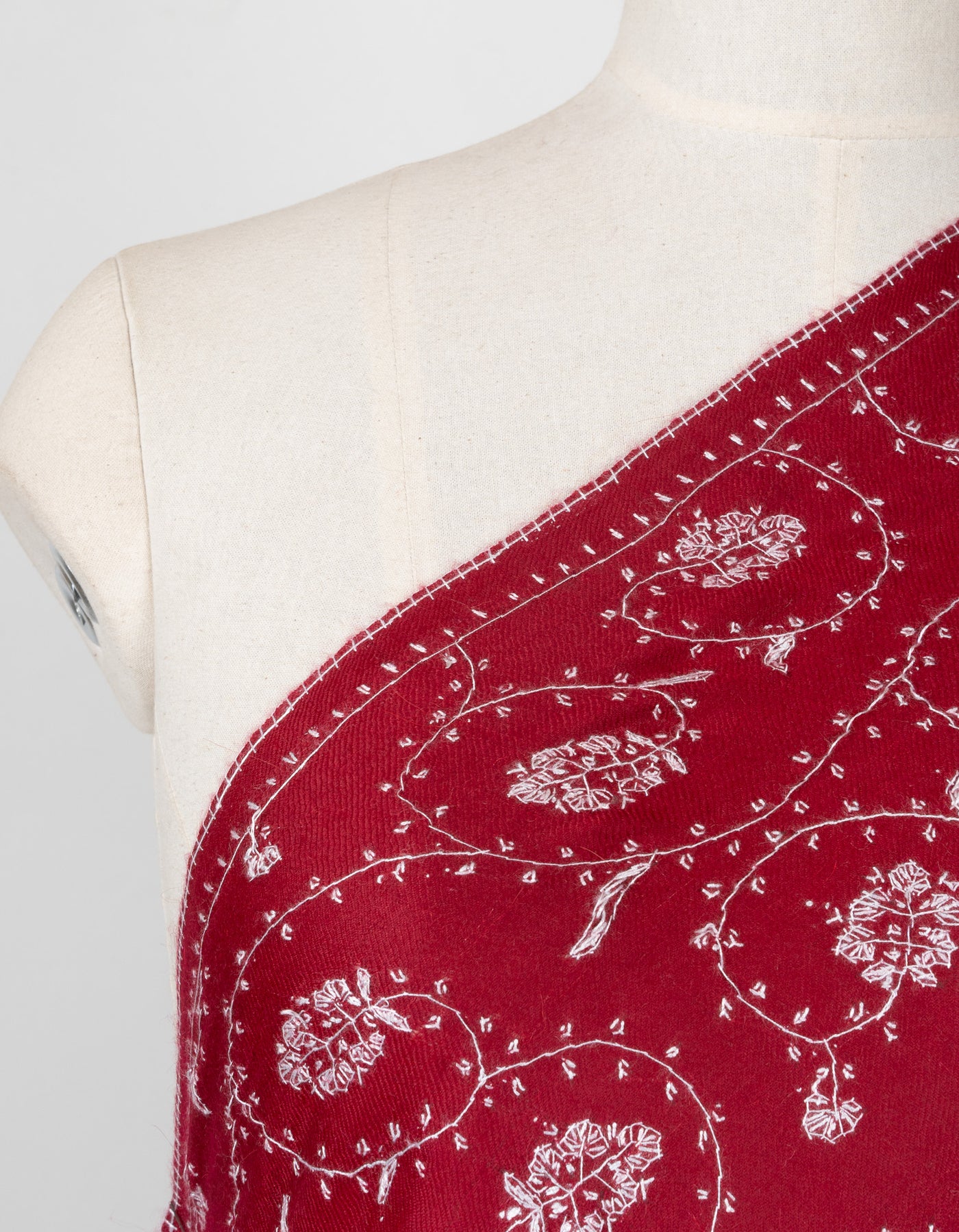 2.5 Yards Sozni Hand Embroidered Pashmina: Ruby Red Classic Floral Spiral