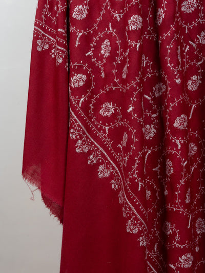 2.5 Yards Sozni Hand Embroidered Pashmina: Ruby Red Classic Floral Spiral
