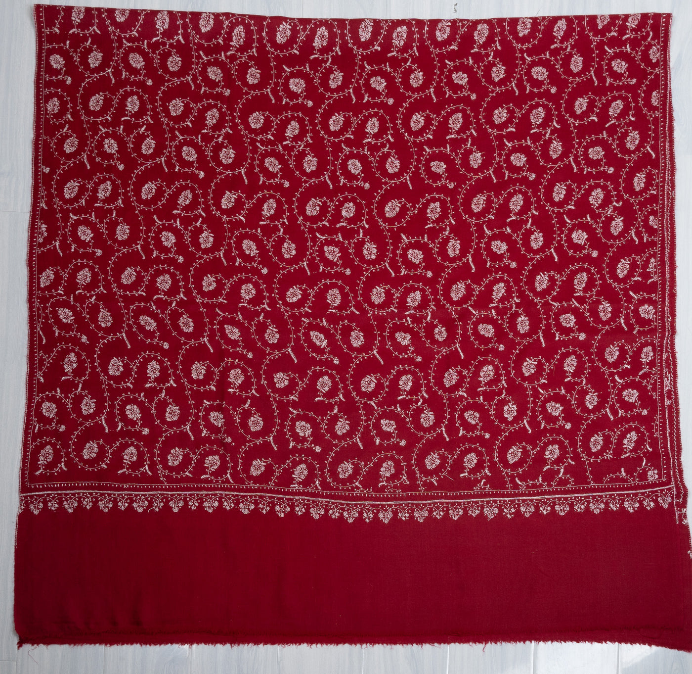 2.5 Yards Sozni Hand Embroidered Pashmina: Ruby Red Classic Floral Spiral
