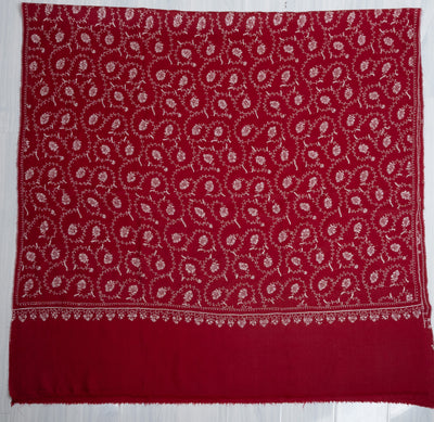 2.5 Yards Sozni Hand Embroidered Pashmina: Ruby Red Classic Floral Spiral