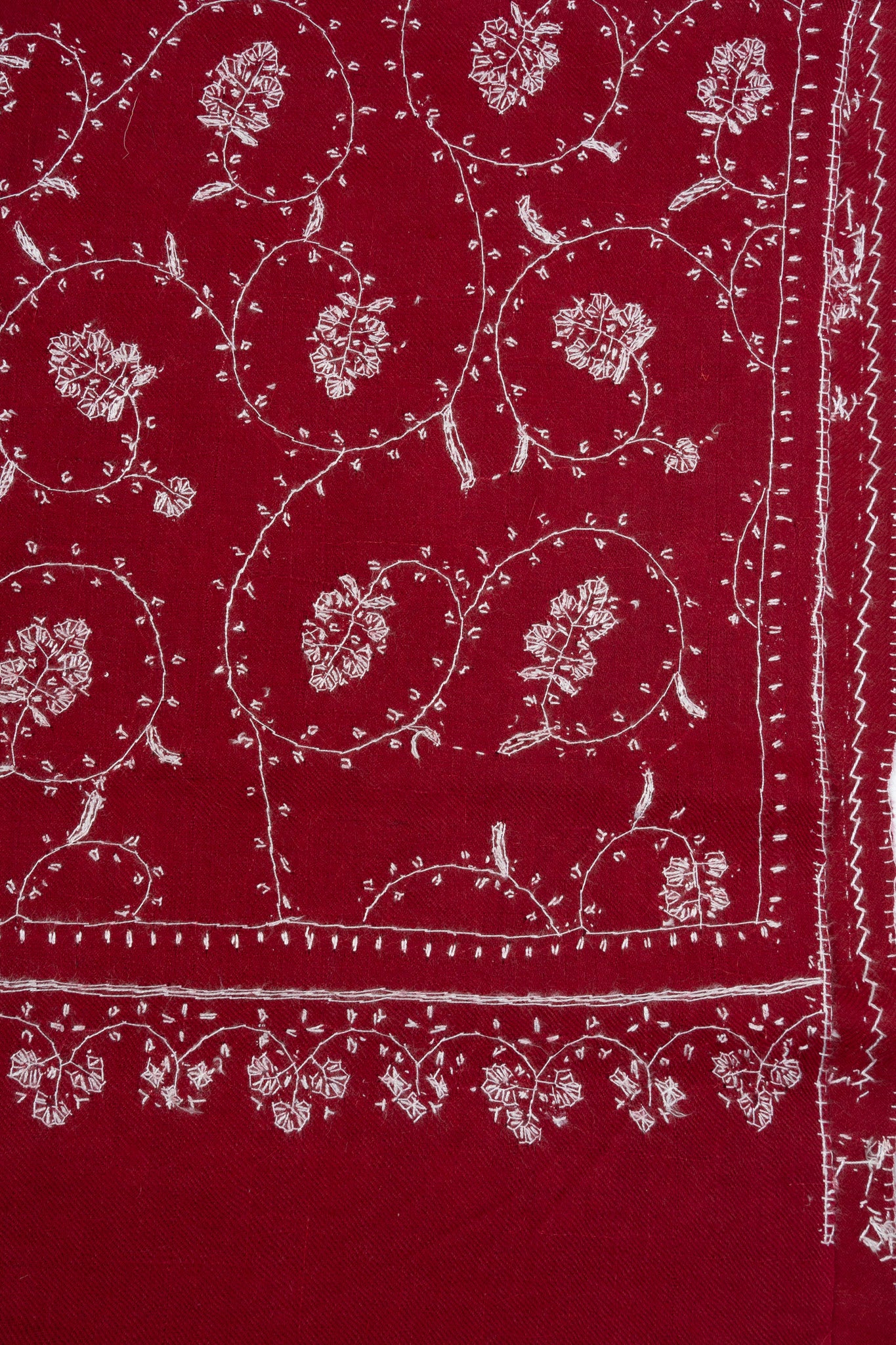 2.5 Yards Sozni Hand Embroidered Pashmina: Ruby Red Classic Floral Spiral
