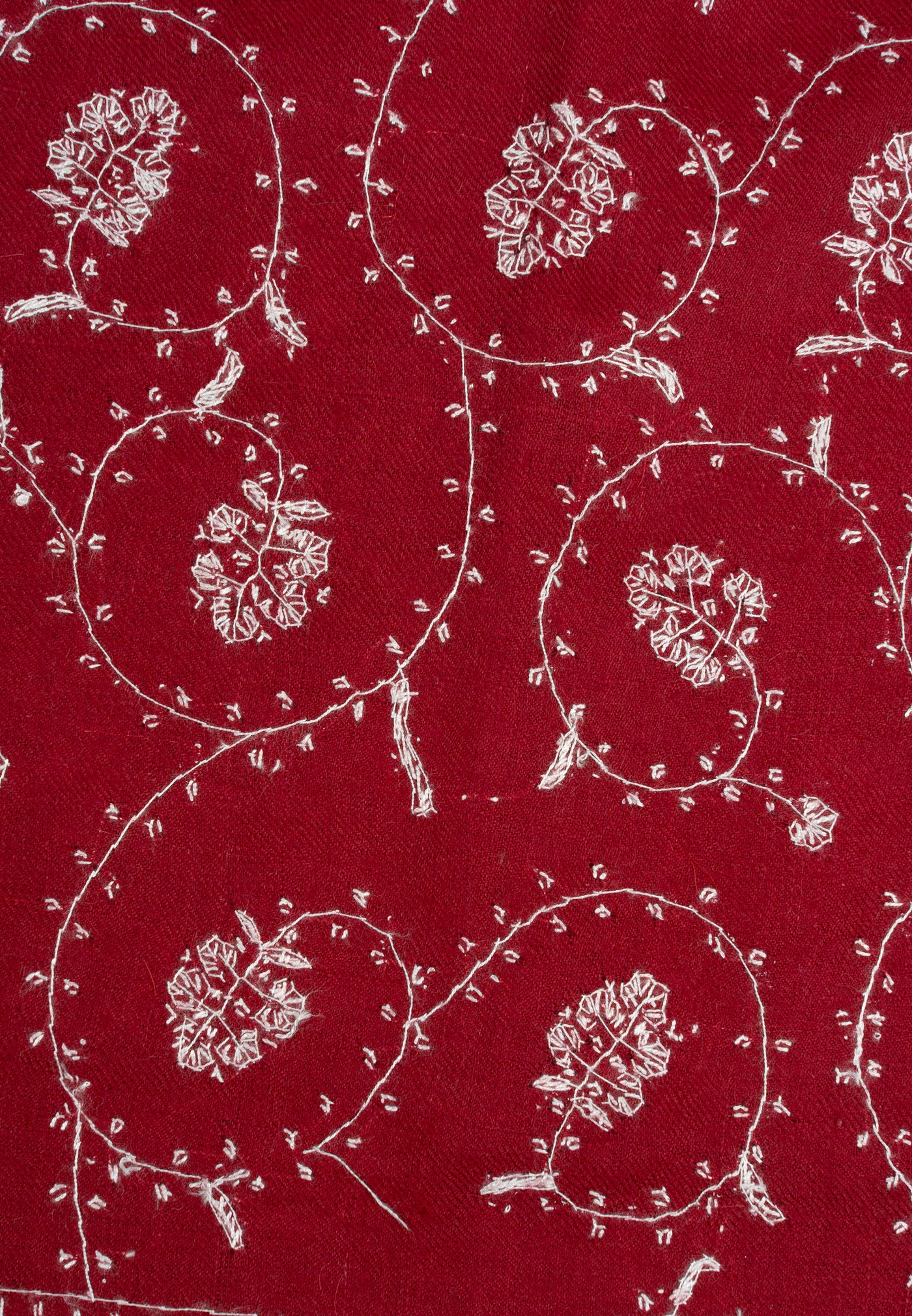 2.5 Yards Sozni Hand Embroidered Pashmina: Ruby Red Classic Floral Spiral