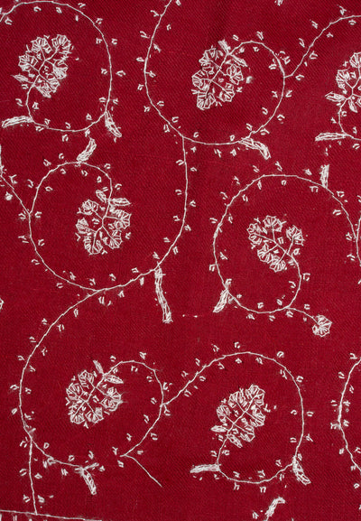 2.5 Yards Sozni Hand Embroidered Pashmina: Ruby Red Classic Floral Spiral