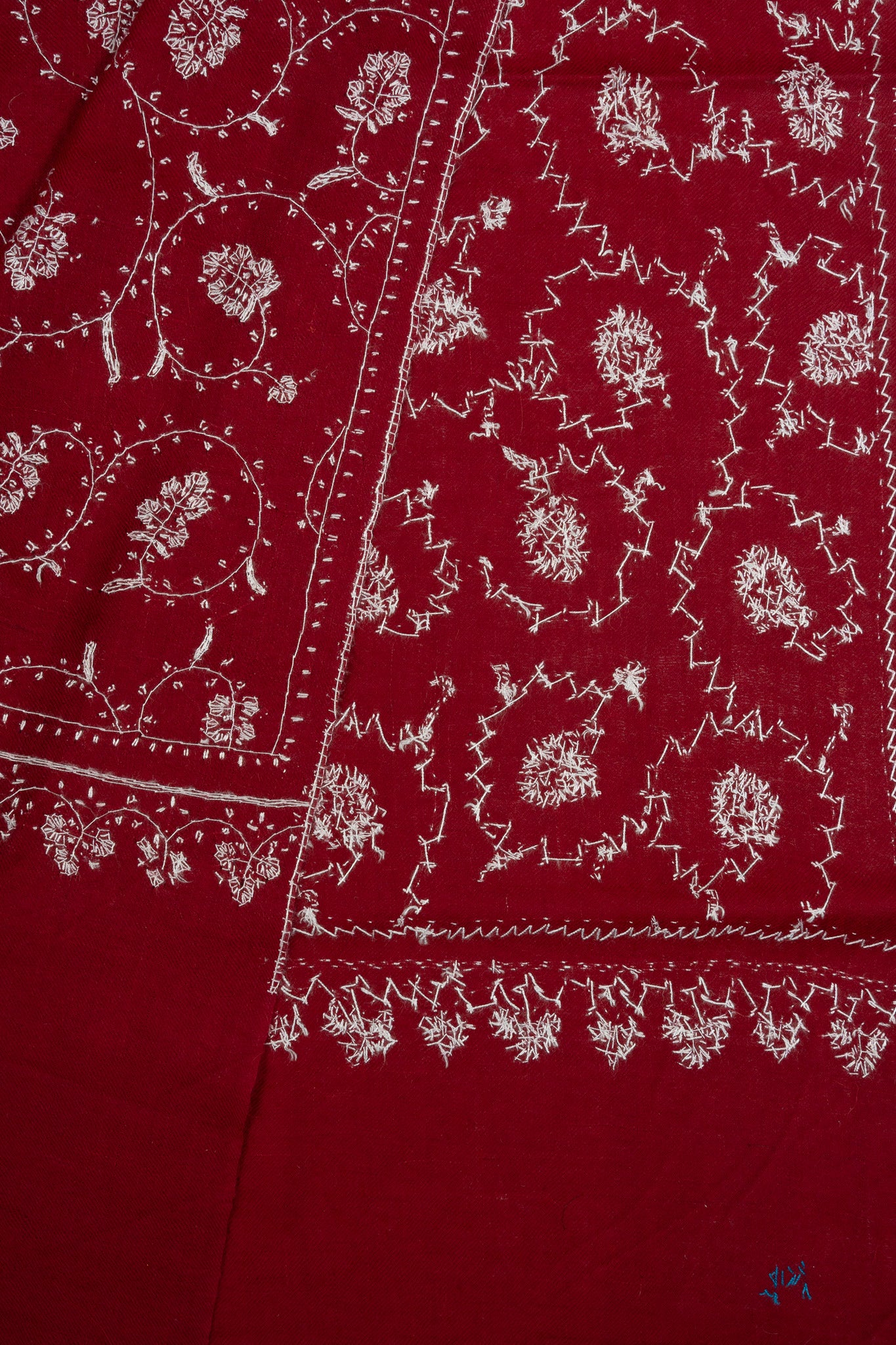 2.5 Yards Sozni Hand Embroidered Pashmina: Ruby Red Classic Floral Spiral
