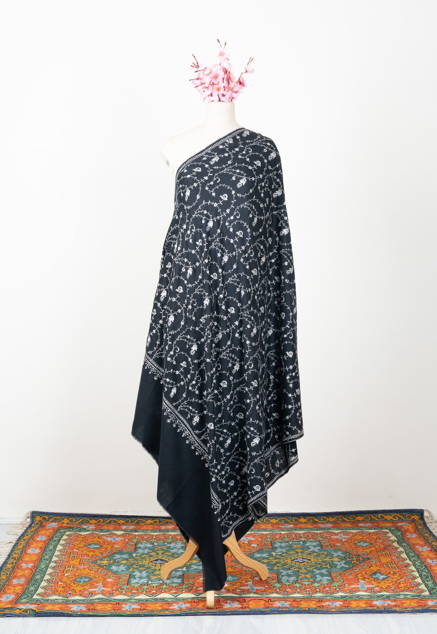 2.5 Yards: Sozni Hand Embroidered Pashmina: Ebony White Floral Scroll