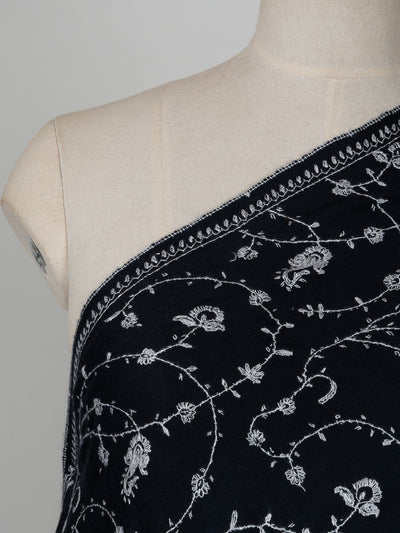 2.5 Yards: Sozni Hand Embroidered Pashmina: Ebony White Floral Scroll