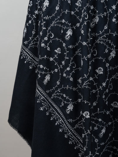 2.5 Yards: Sozni Hand Embroidered Pashmina: Ebony White Floral Scroll