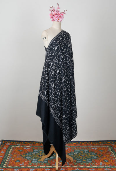 2.5 Yards: Sozni Hand Embroidered Pashmina: Ebony White Floral Scroll