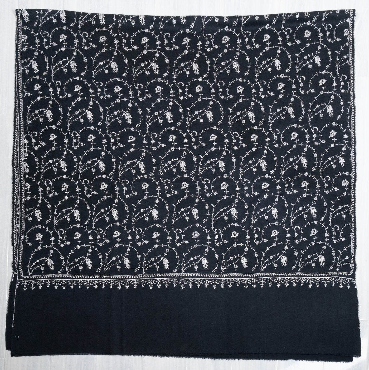2.5 Yards: Sozni Hand Embroidered Pashmina: Ebony White Floral Scroll
