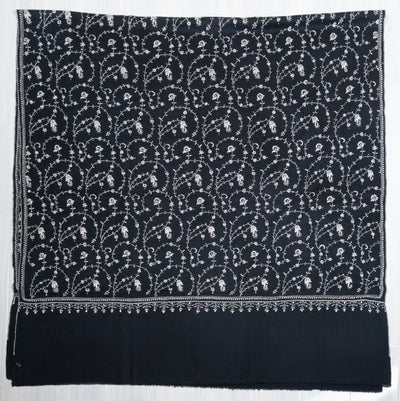 2.5 Yards: Sozni Hand Embroidered Pashmina: Ebony White Floral Scroll