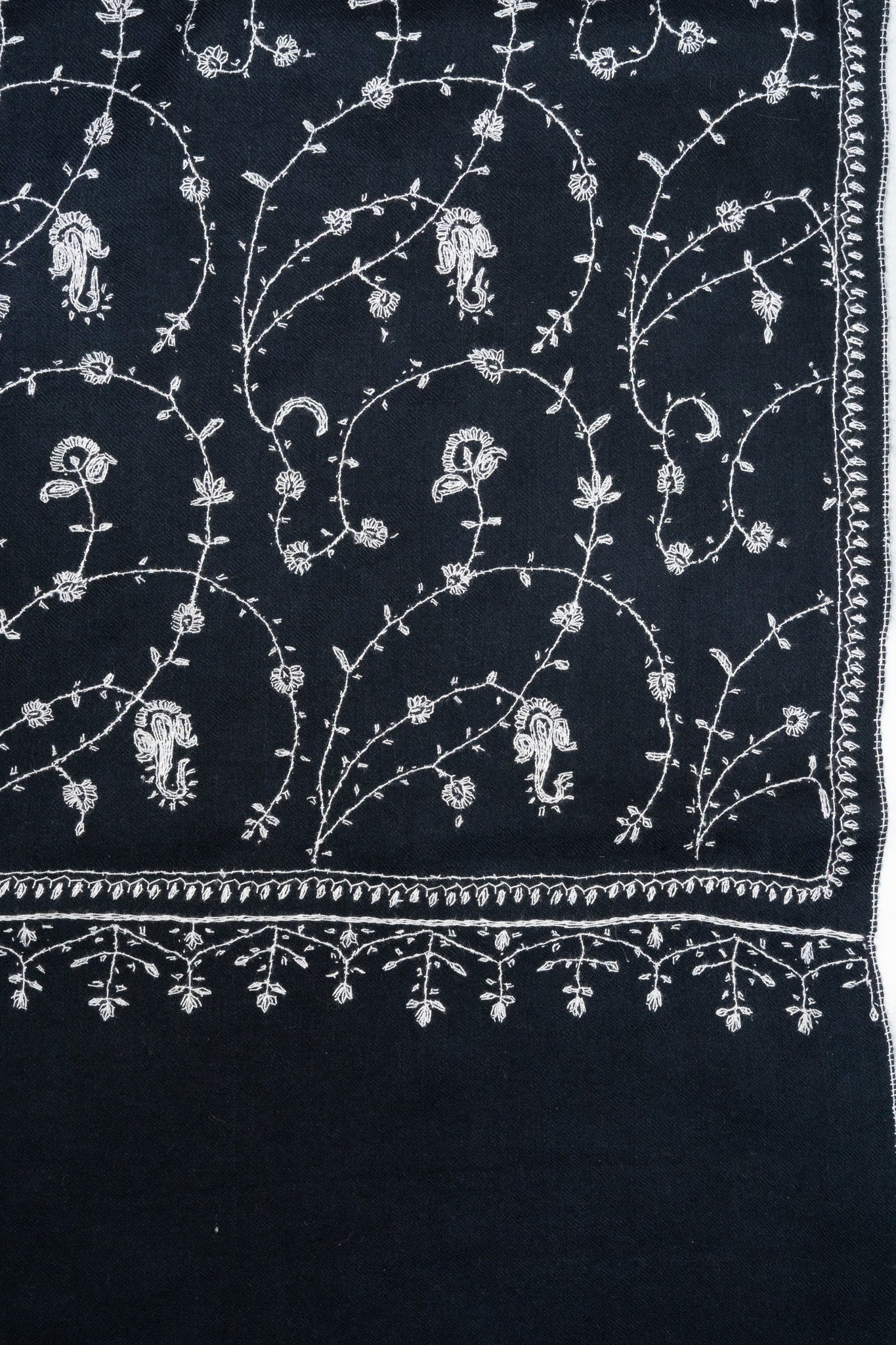 2.5 Yards: Sozni Hand Embroidered Pashmina: Ebony White Floral Scroll