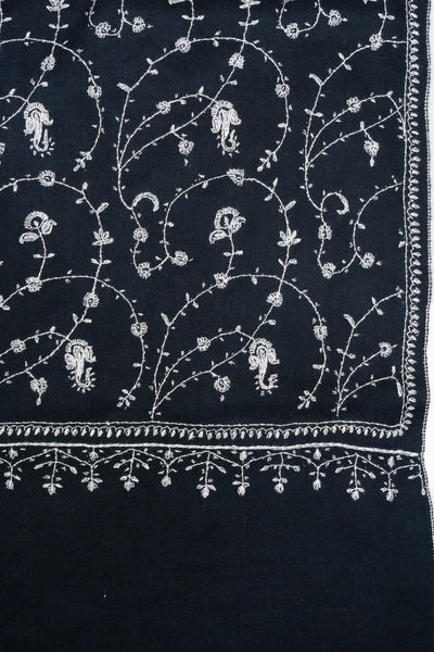 2.5 Yards: Sozni Hand Embroidered Pashmina: Ebony White Floral Scroll