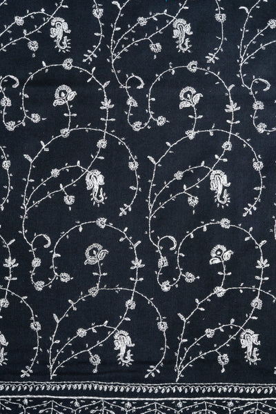 2.5 Yards: Sozni Hand Embroidered Pashmina: Ebony White Floral Scroll