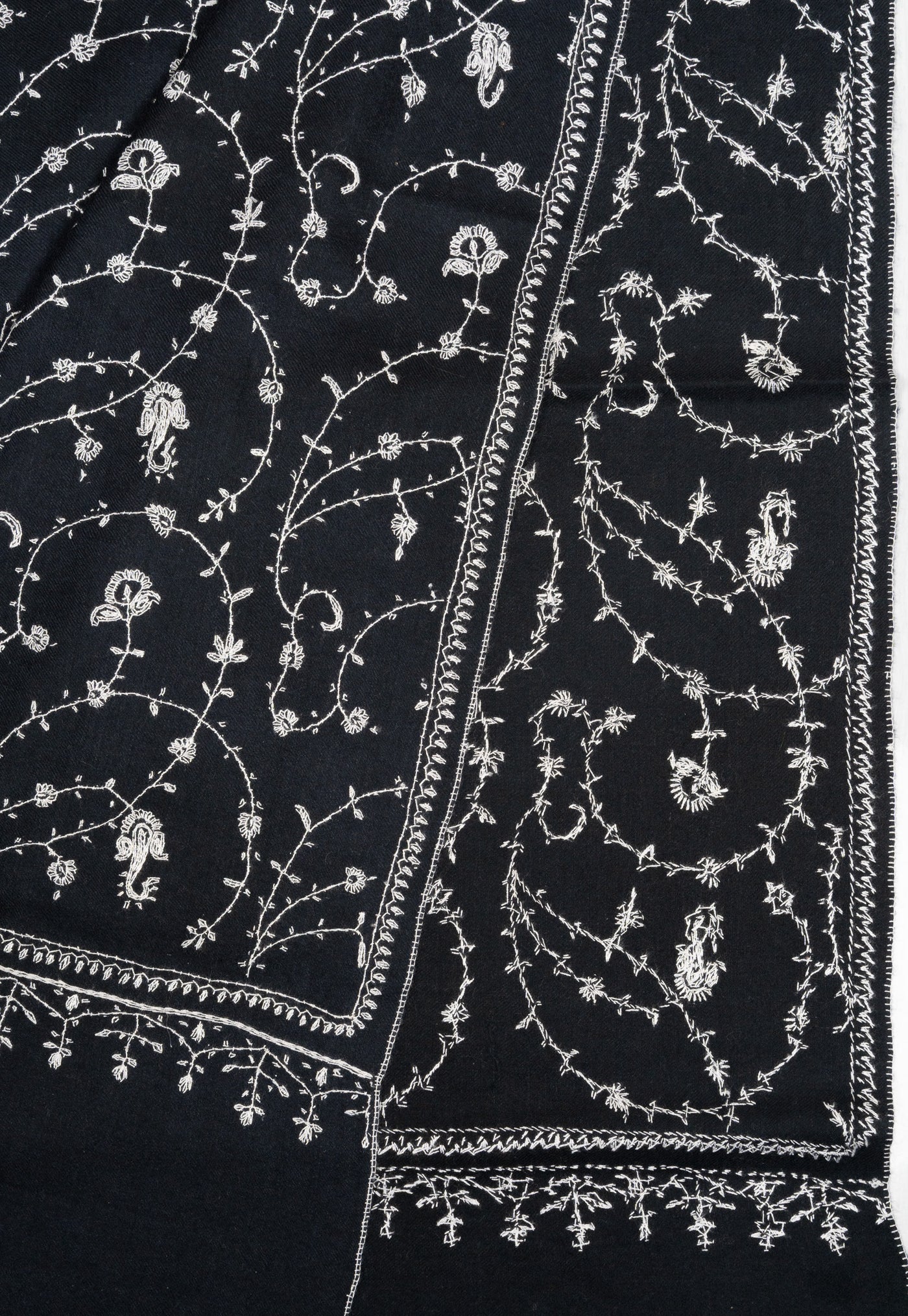 2.5 Yards: Sozni Hand Embroidered Pashmina: Ebony White Floral Scroll