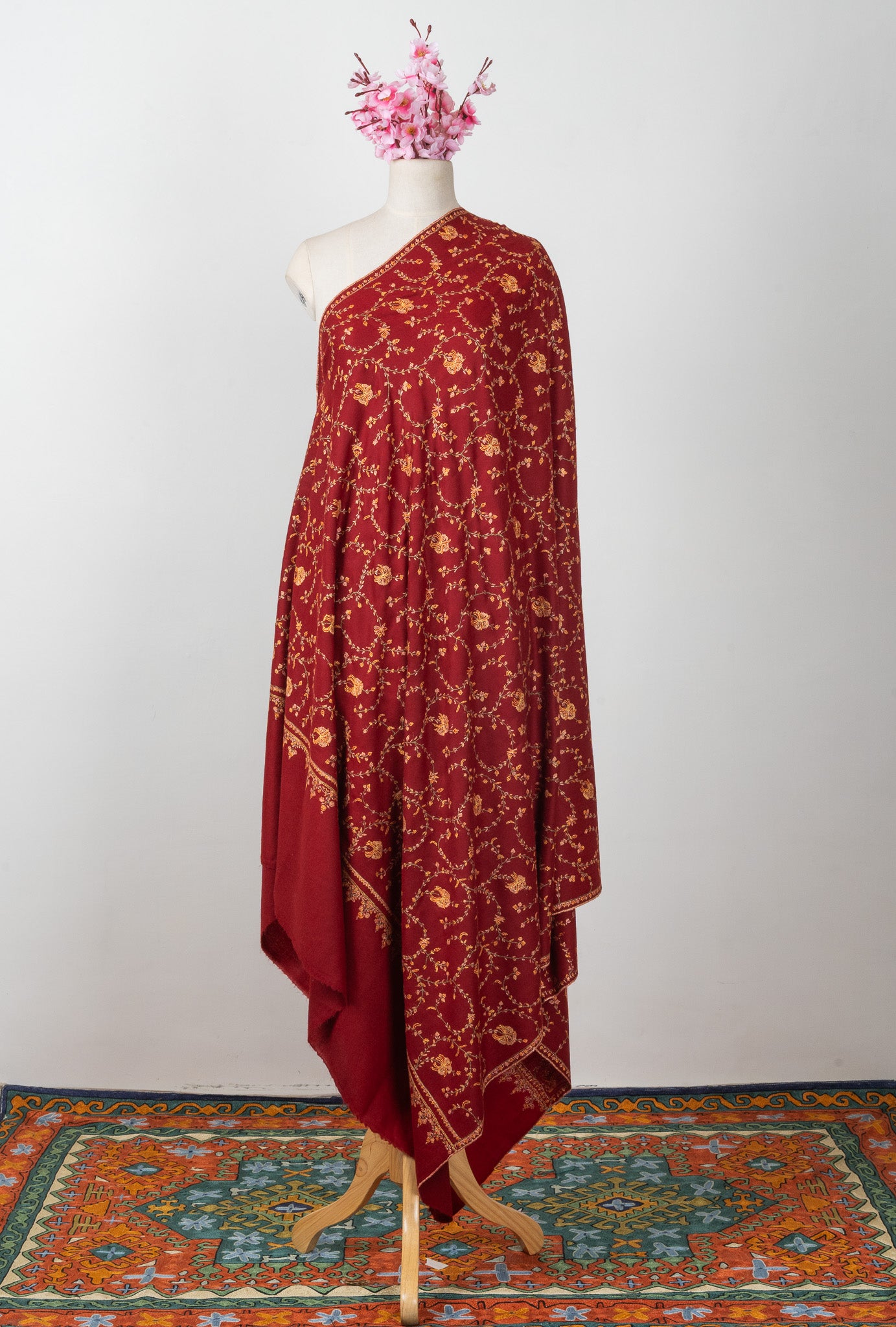 2.5 Yards: Sozni Hand Embroidered Pashmina: Crimson Blossom Trellis