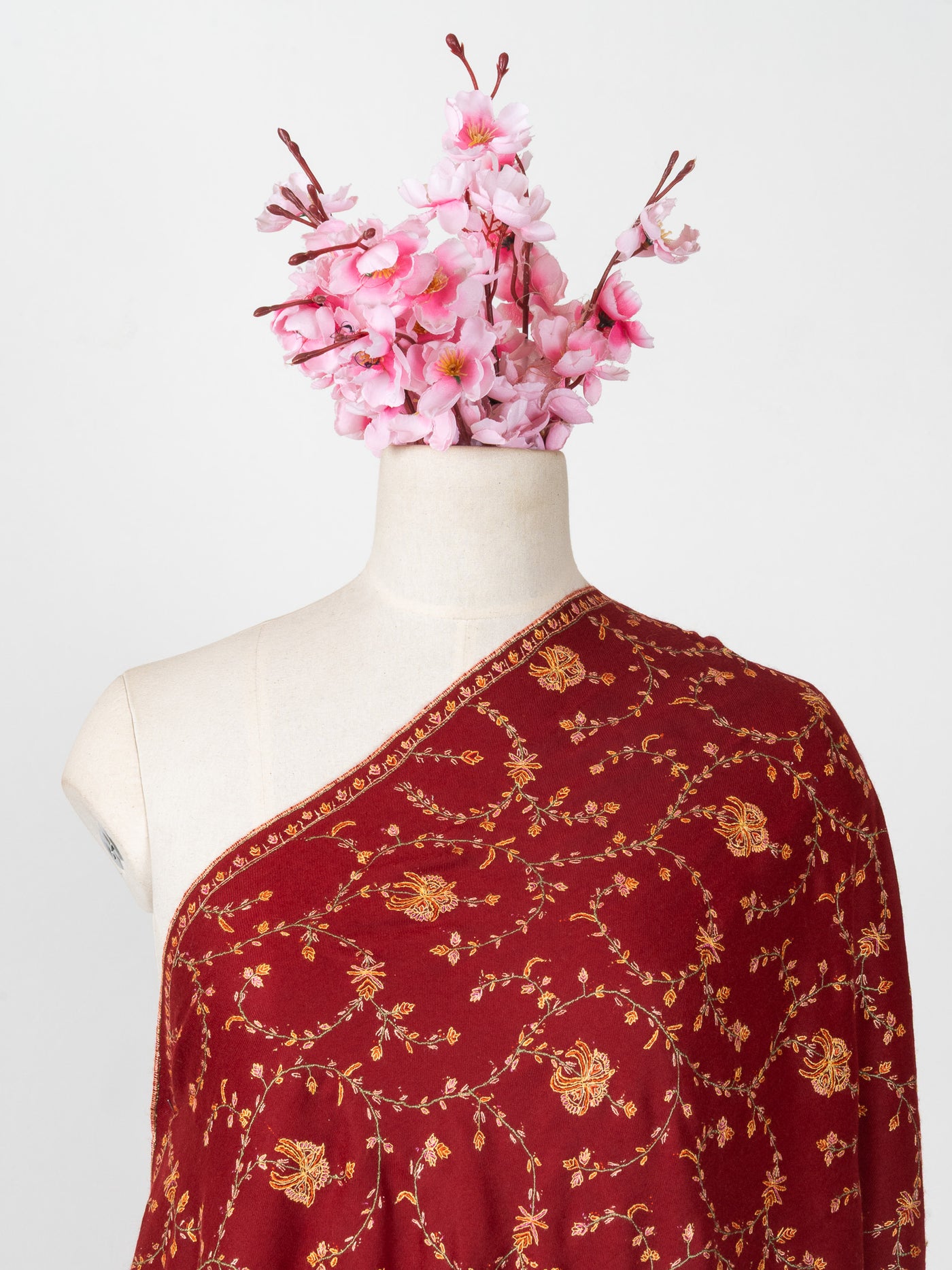 2.5 Yards: Sozni Hand Embroidered Pashmina: Crimson Blossom Trellis