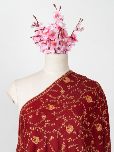 2.5 Yards: Sozni Hand Embroidered Pashmina: Crimson Blossom Trellis