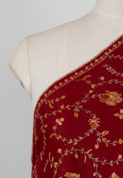2.5 Yards: Sozni Hand Embroidered Pashmina: Crimson Blossom Trellis
