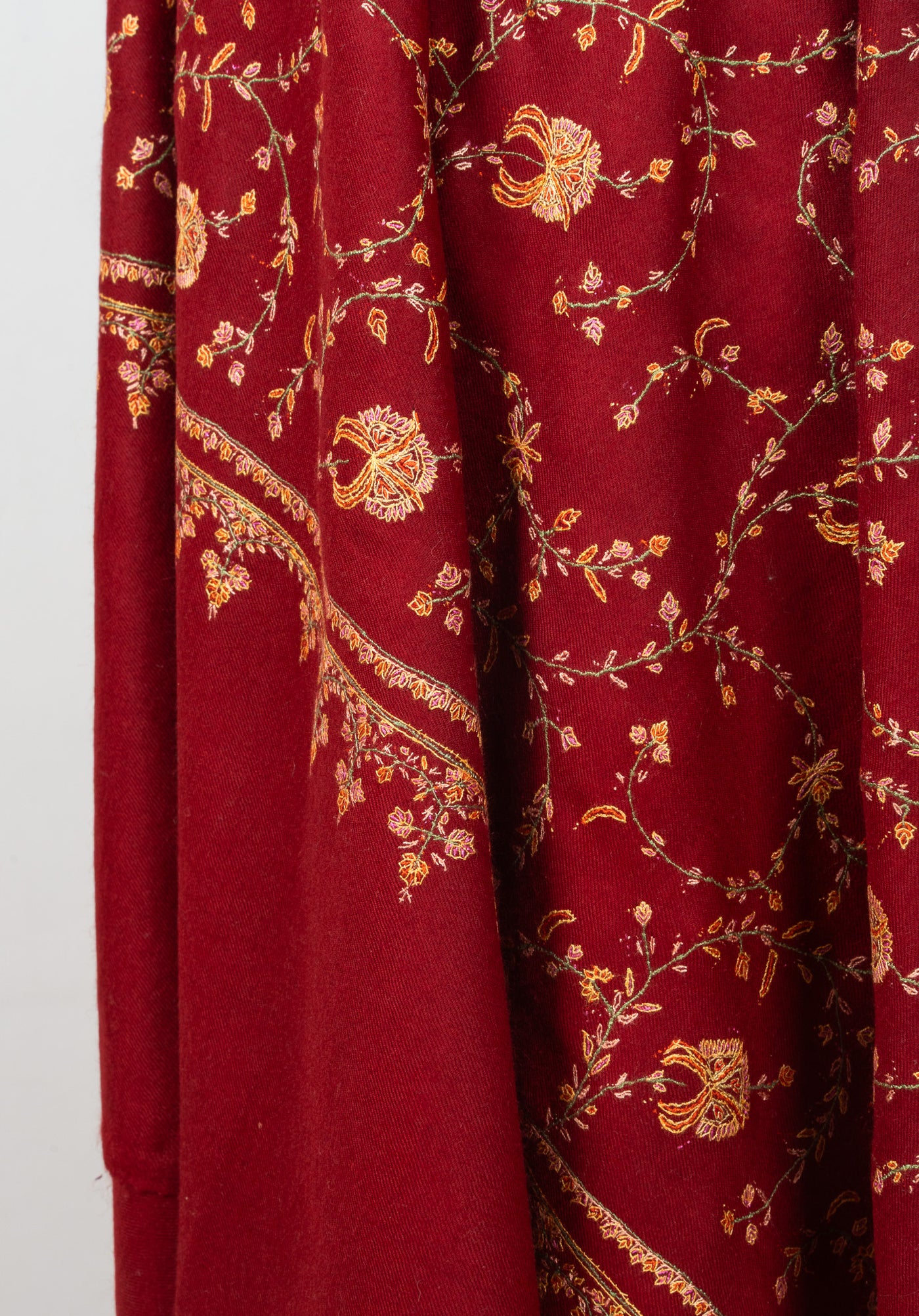 2.5 Yards: Sozni Hand Embroidered Pashmina: Crimson Blossom Trellis