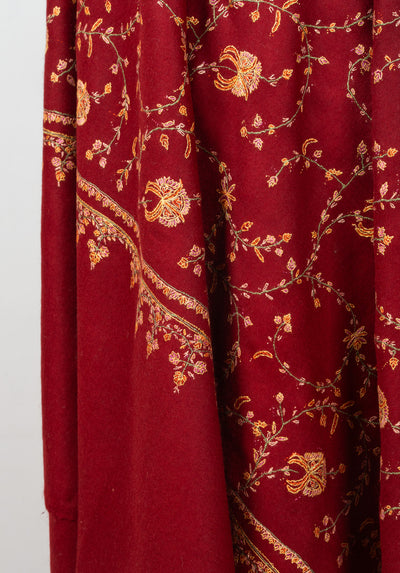 2.5 Yards: Sozni Hand Embroidered Pashmina: Crimson Blossom Trellis