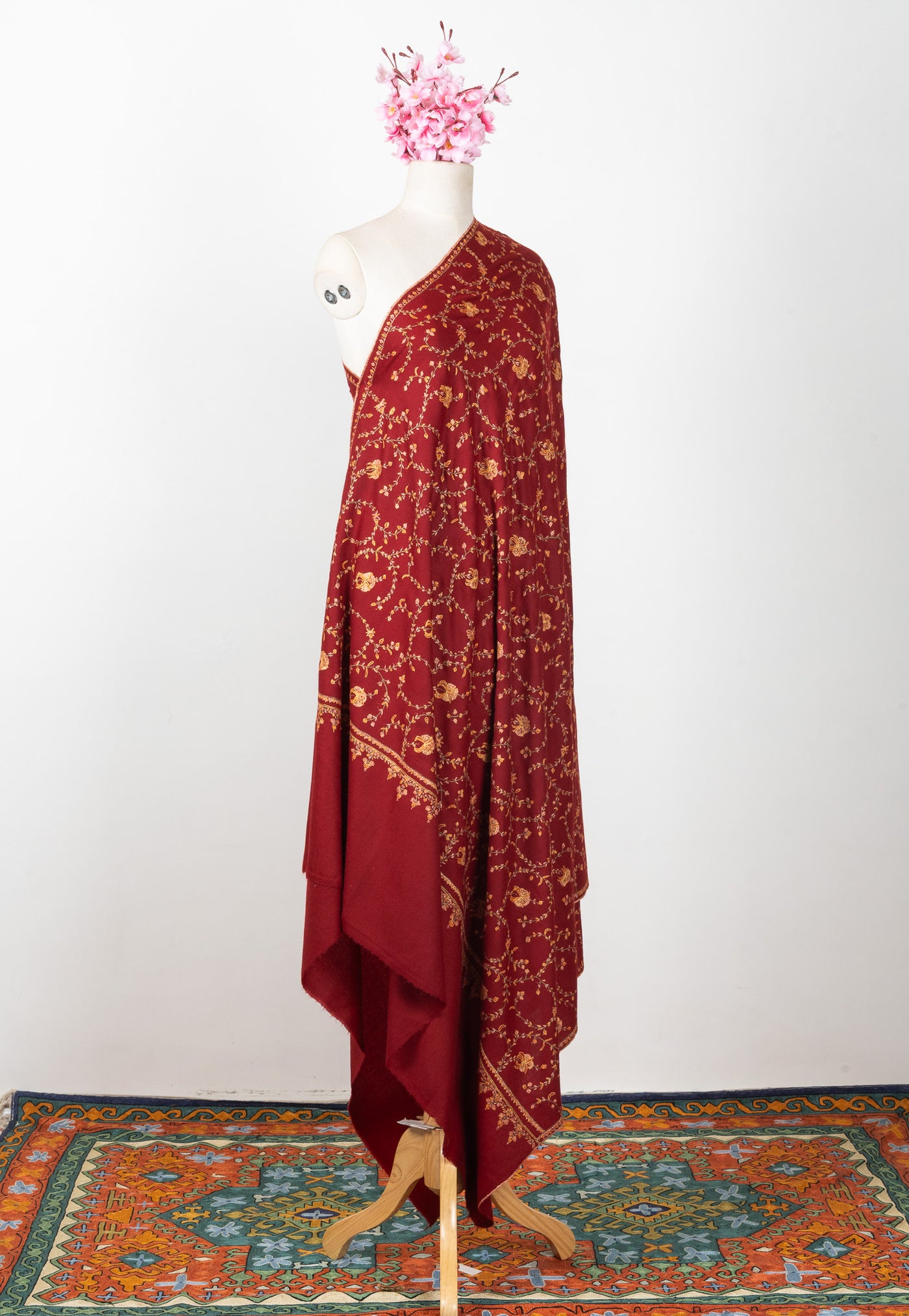 2.5 Yards: Sozni Hand Embroidered Pashmina: Crimson Blossom Trellis