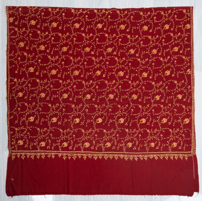 2.5 Yards: Sozni Hand Embroidered Pashmina: Crimson Blossom Trellis