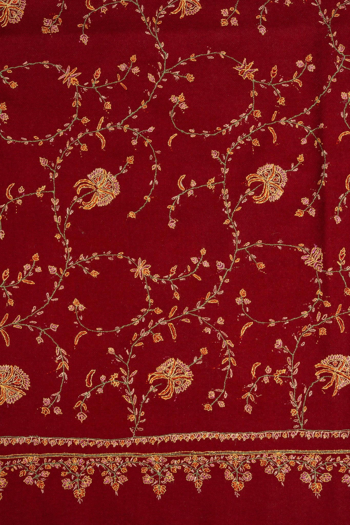 2.5 Yards: Sozni Hand Embroidered Pashmina: Crimson Blossom Trellis
