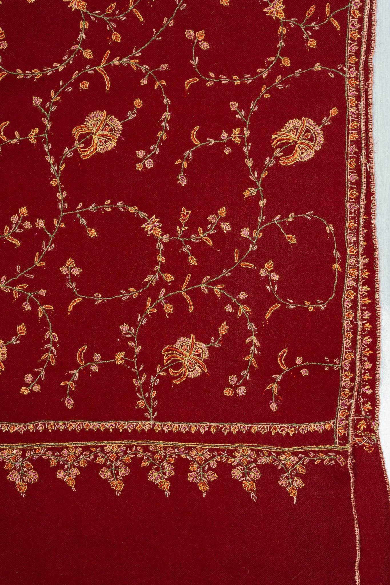 2.5 Yards: Sozni Hand Embroidered Pashmina: Crimson Blossom Trellis