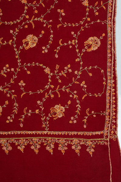 2.5 Yards: Sozni Hand Embroidered Pashmina: Crimson Blossom Trellis