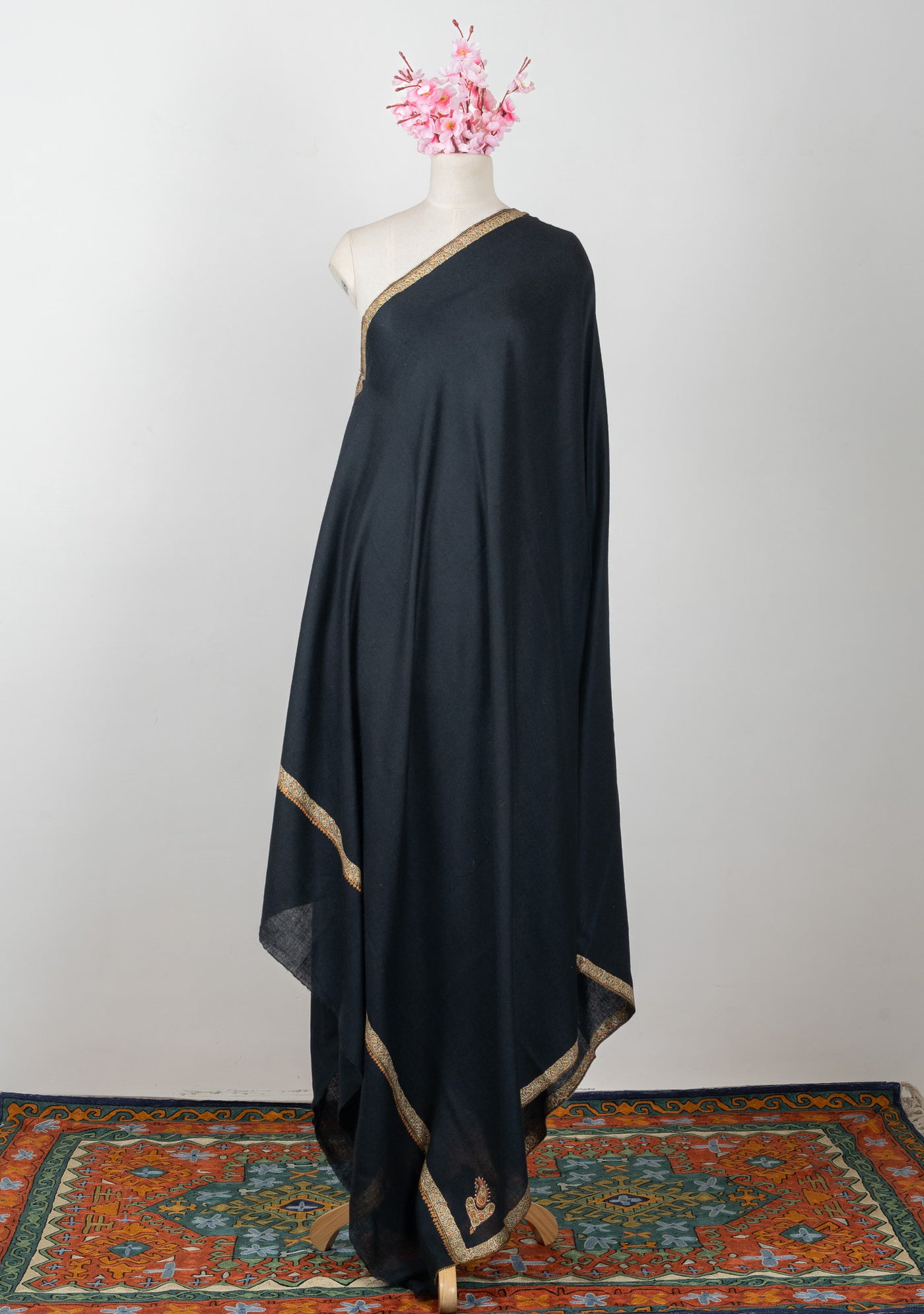 2.5 Yards: Sozni Hand Embroidered Pashmina: Midnight Black Gold Edge Classic