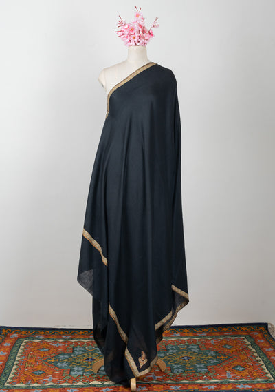 2.5 Yards: Sozni Hand Embroidered Pashmina: Midnight Black Gold Edge Classic
