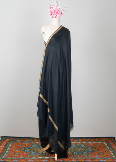 2.5 Yards: Sozni Hand Embroidered Pashmina: Midnight Black Gold Edge Classic