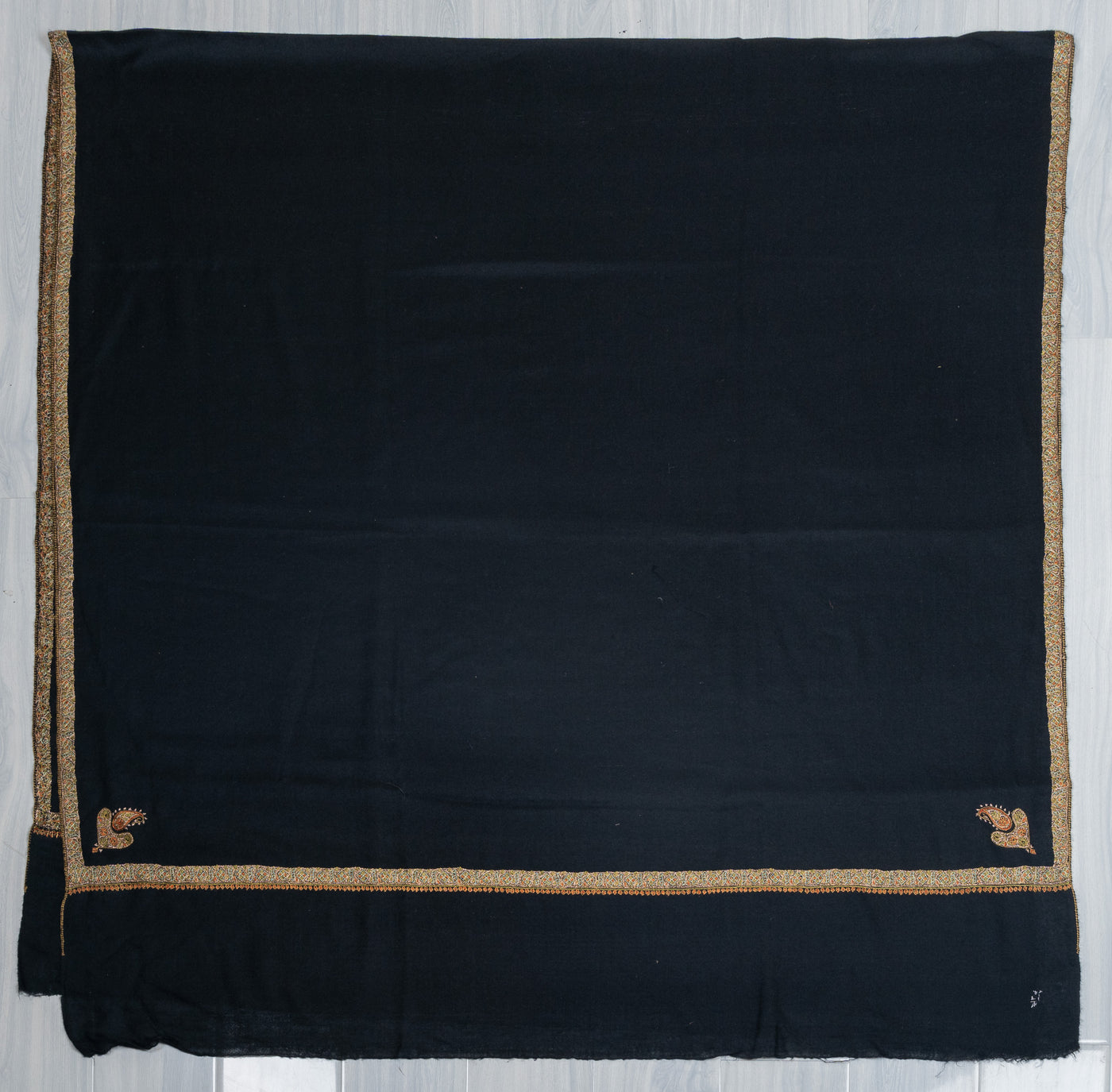 2.5 Yards: Sozni Hand Embroidered Pashmina: Midnight Black Gold Edge Classic