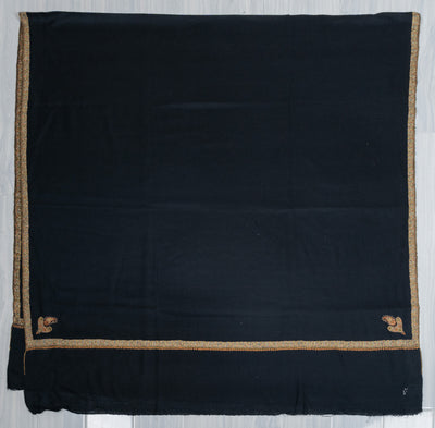 2.5 Yards: Sozni Hand Embroidered Pashmina: Midnight Black Gold Edge Classic