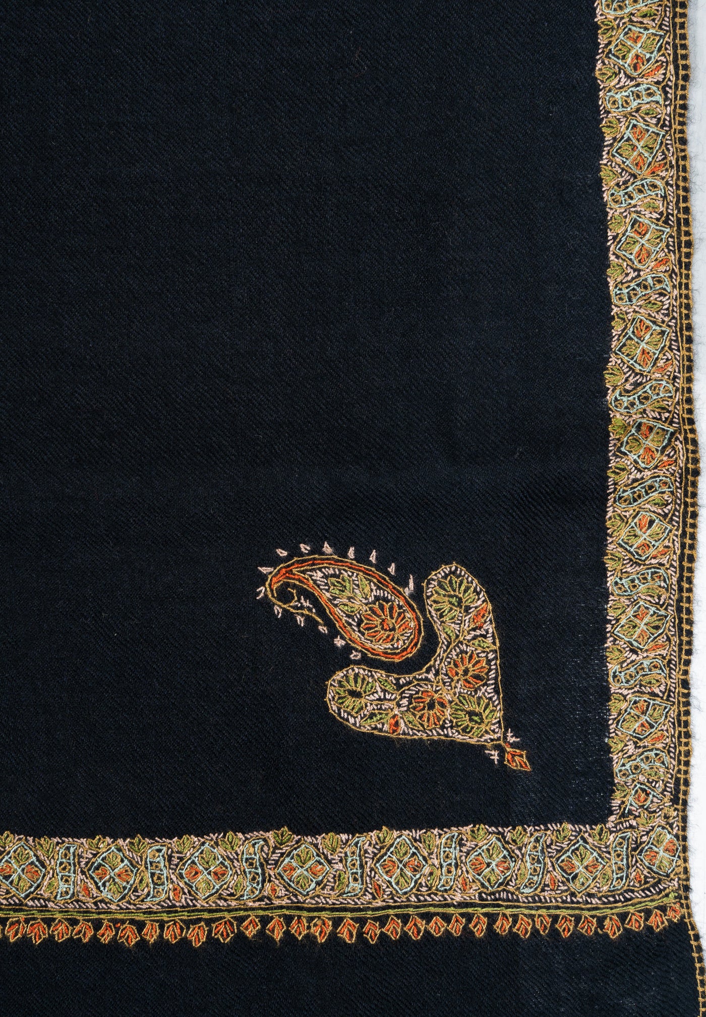 2.5 Yards: Sozni Hand Embroidered Pashmina: Midnight Black Gold Edge Classic
